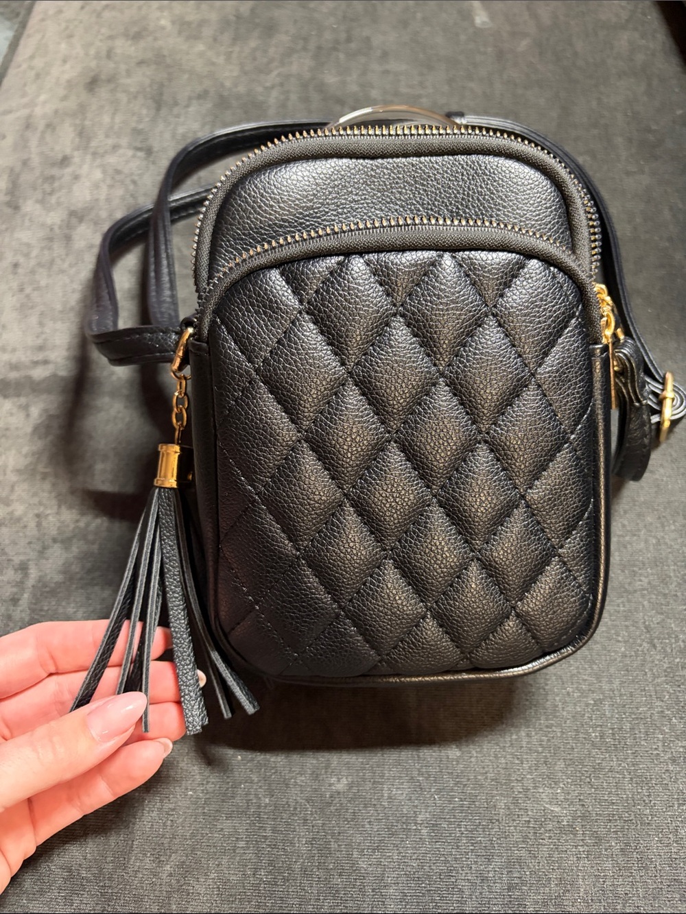 Women's Black Vegan Leather Quilted Crossbody Bag with Tassel Accents